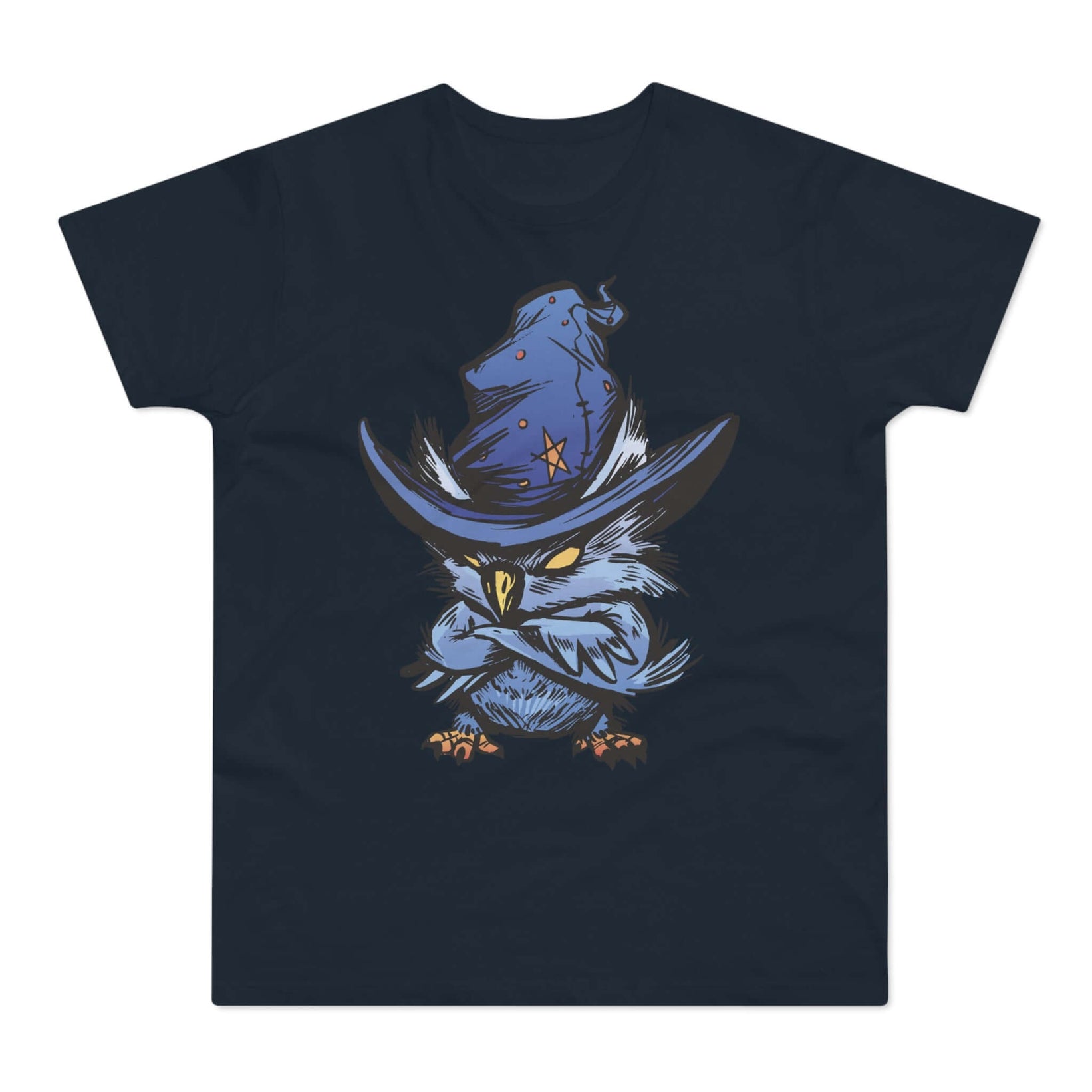 T-shirt med titlen: Shoo-Hoo, The Magician-Owl From Forest | T-Shirt Med Tryk.