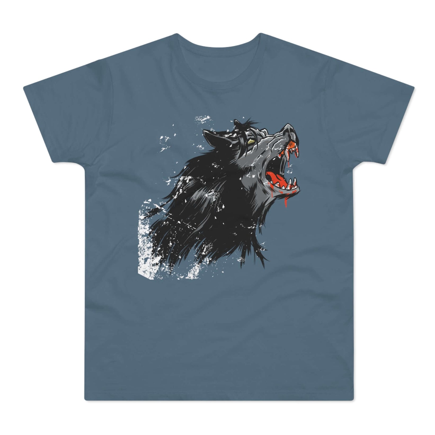 Stenblå t-shirt med tryk med en hylende, aggressiv varulv.