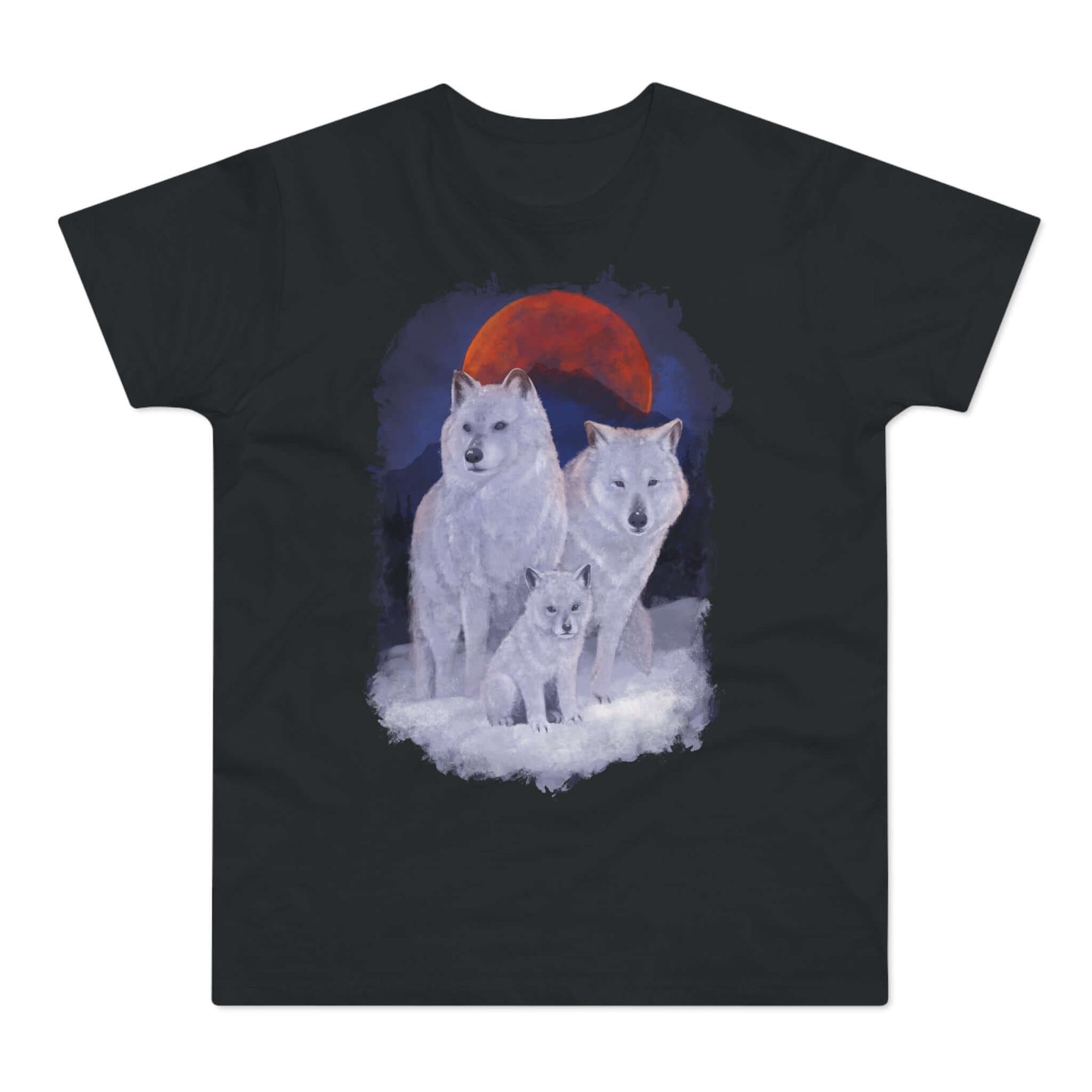 Sort t-shirt med tryk med en ulvefamilie.