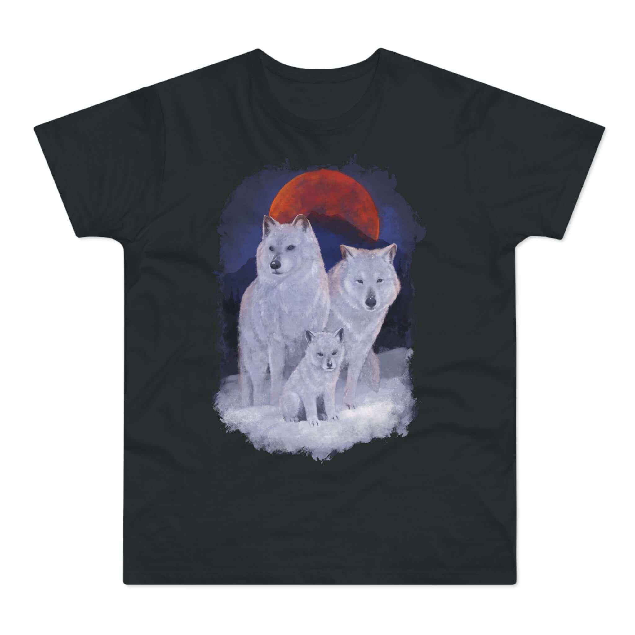 Sort t-shirt med tryk med en ulvefamilie.