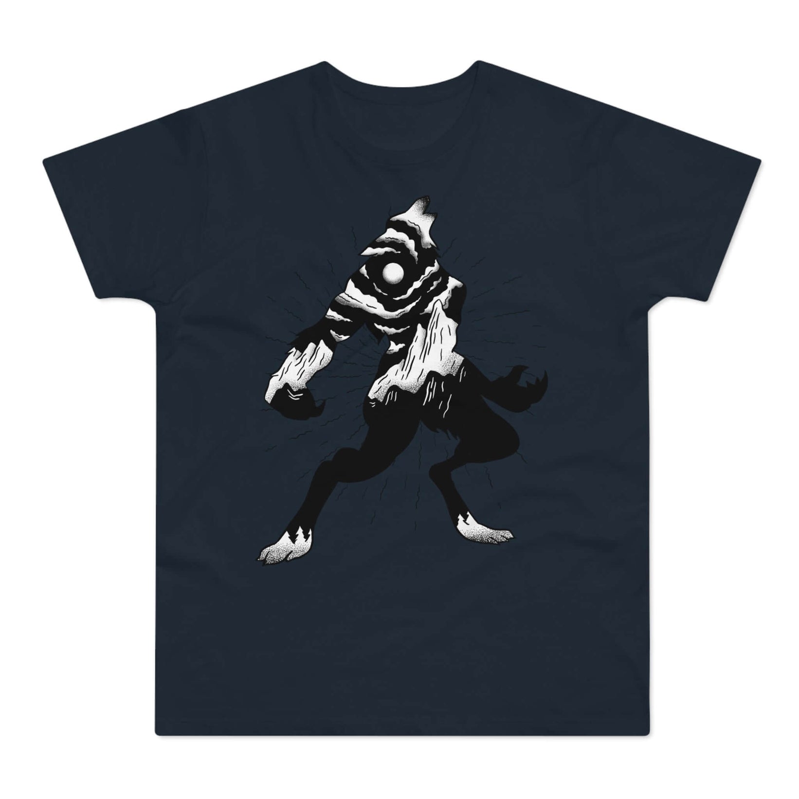 sort t-shirt med tryk af en hylende varulv.