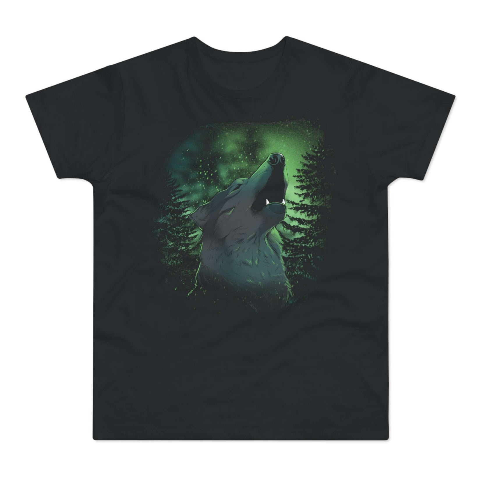 Sort t-shirt med tryk med hylende ulv foran nordlyset.