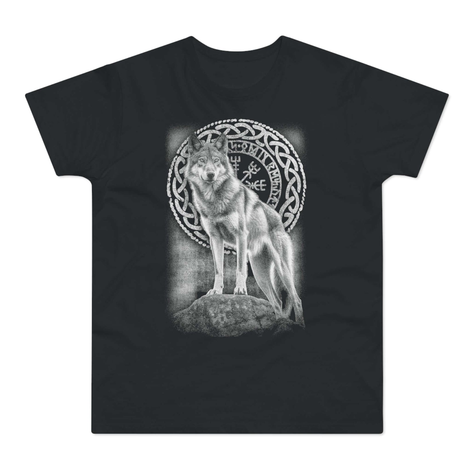 Sort t-shirt med tryk med en hvid skinnende ulv på en sten foran en hvid rune-ring.