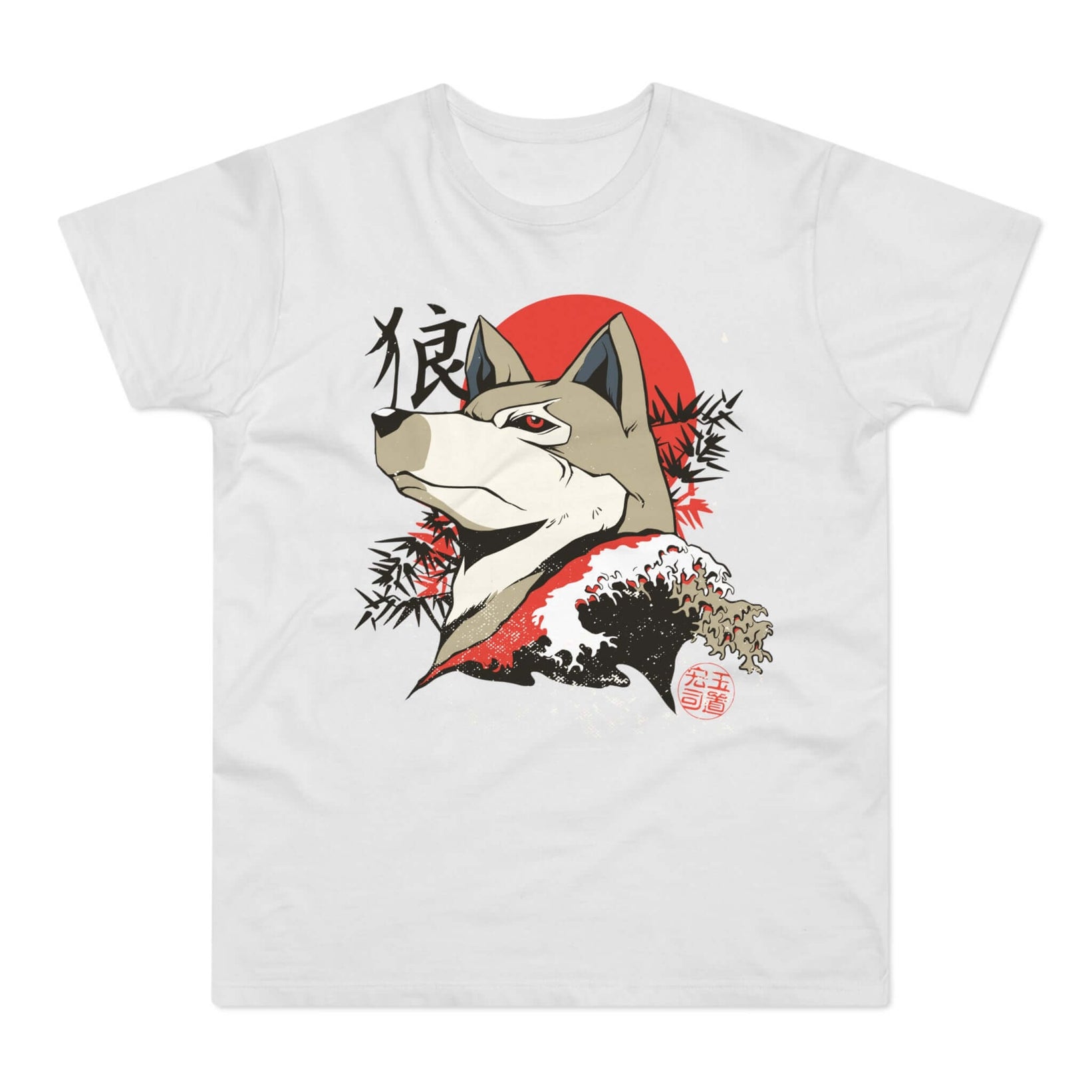 Hvid t-shirt med tryk med ulvehoved, japanske tegn og japansk kunst.