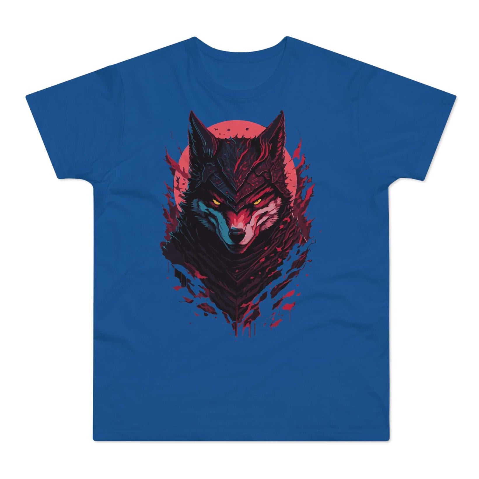 Blå t-shirt med tryk med en ulv med et ondt øje og snigmordstøj.