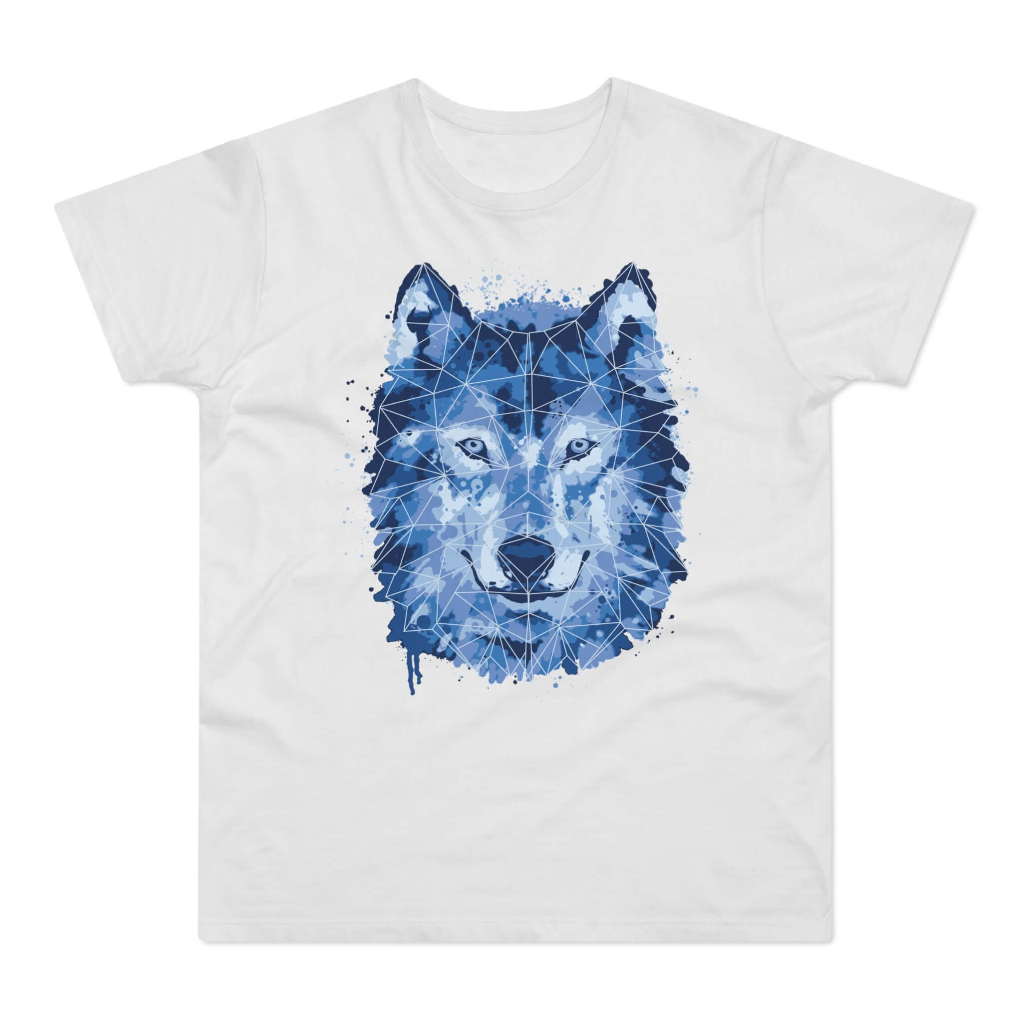 Hvid t-shirt med tryk med en blå ulve-hoved i mandalakunst.