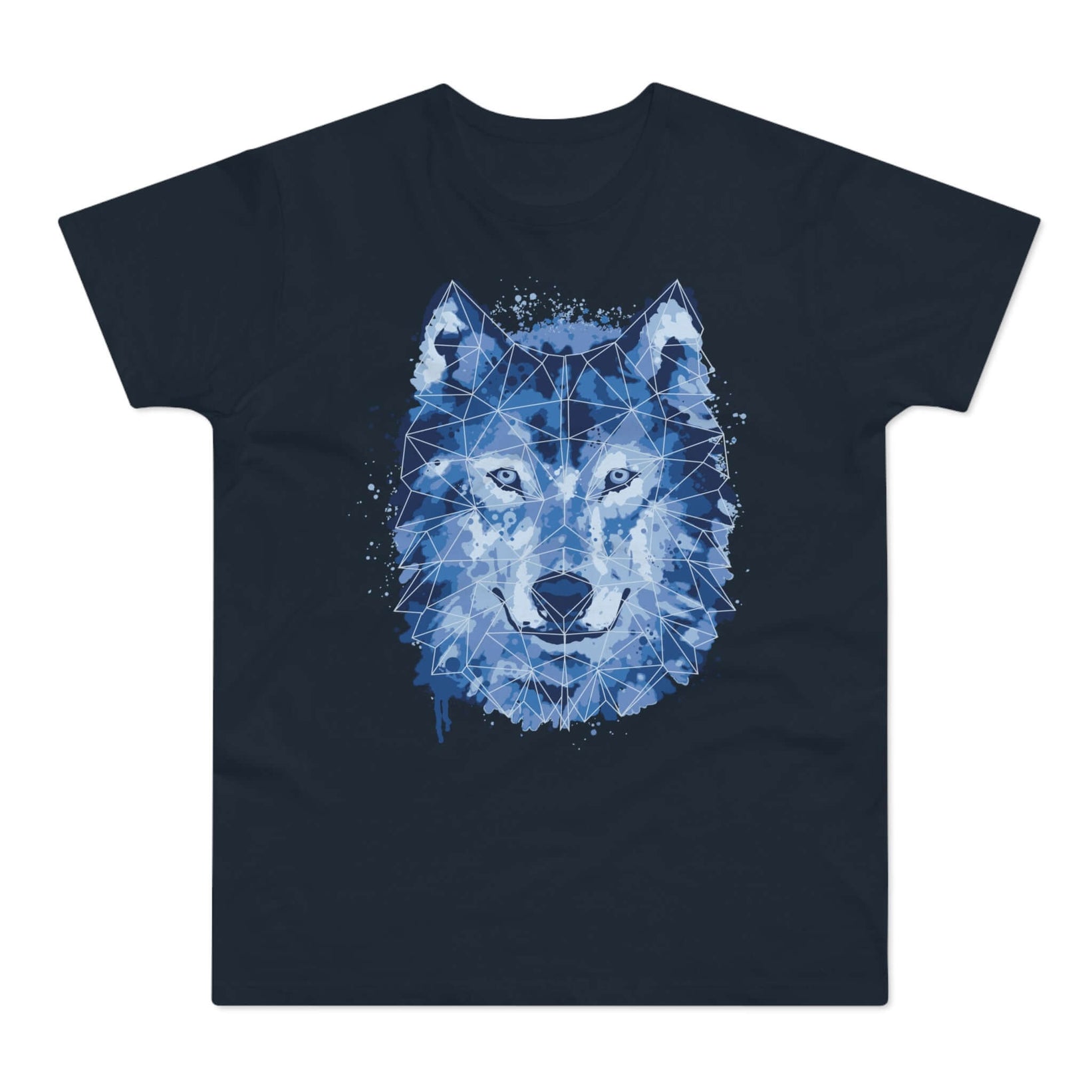 Mørkeblå t-shirt med tryk med en blå ulve-hoved i mandalakunst.