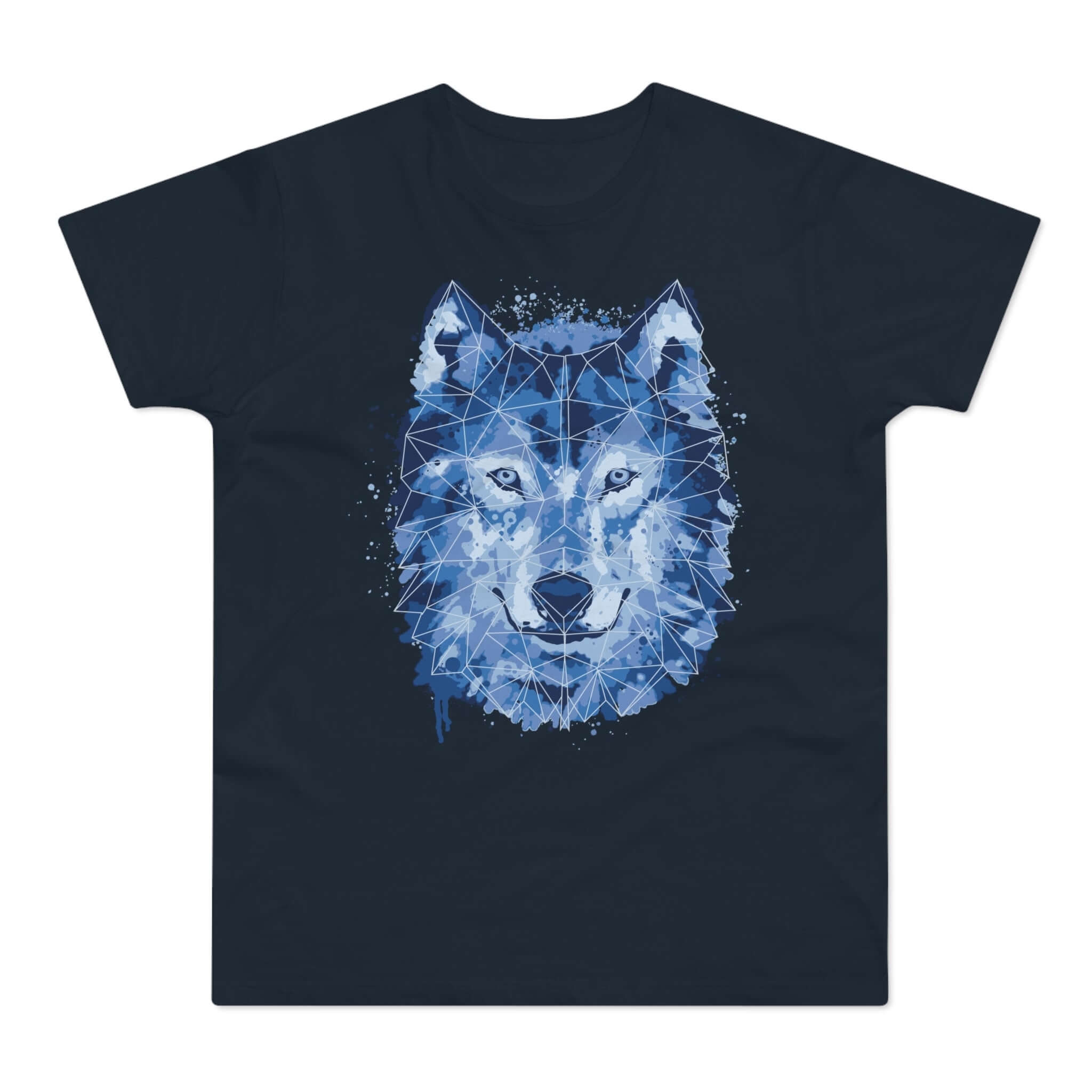 Mørkeblå t-shirt med tryk med en blå ulve-hoved i mandalakunst.