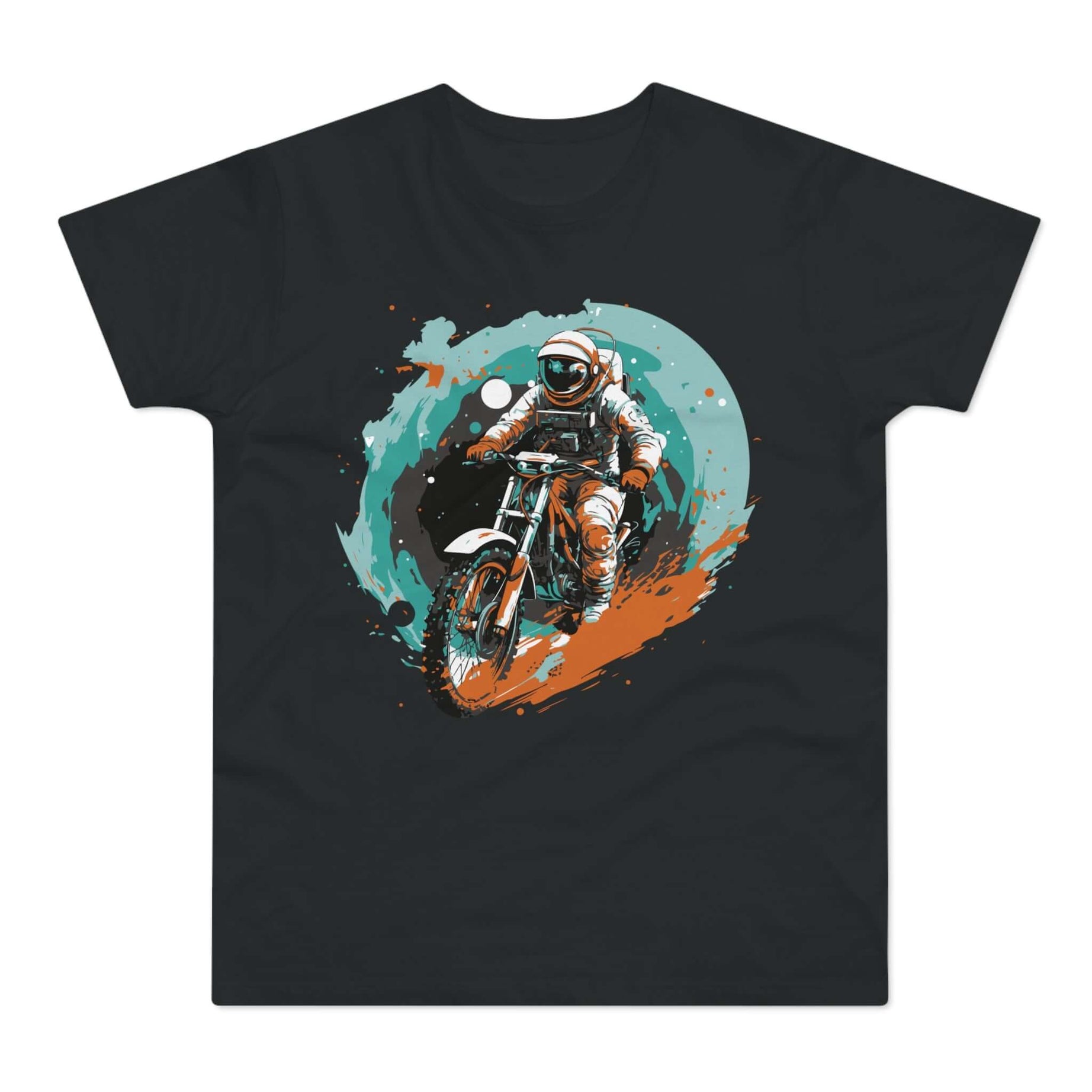 T-shirt med titlen: Steven's Space Exploration On Motorcycle | T-Shirt Med Tryk.