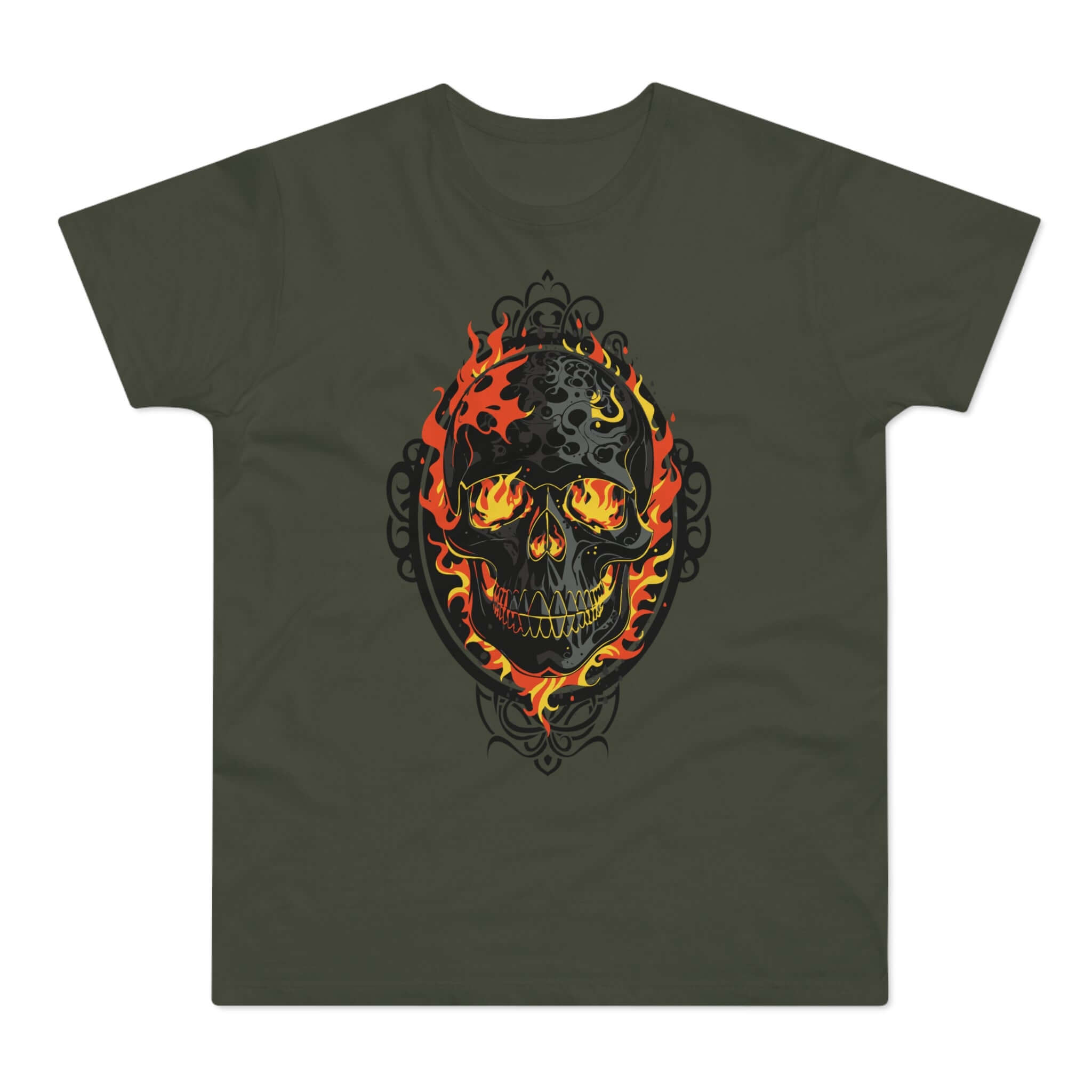 T-shirt med titlen: The Burninf Skull Of Arandor Renegis | T-Shirt Med Tryk.