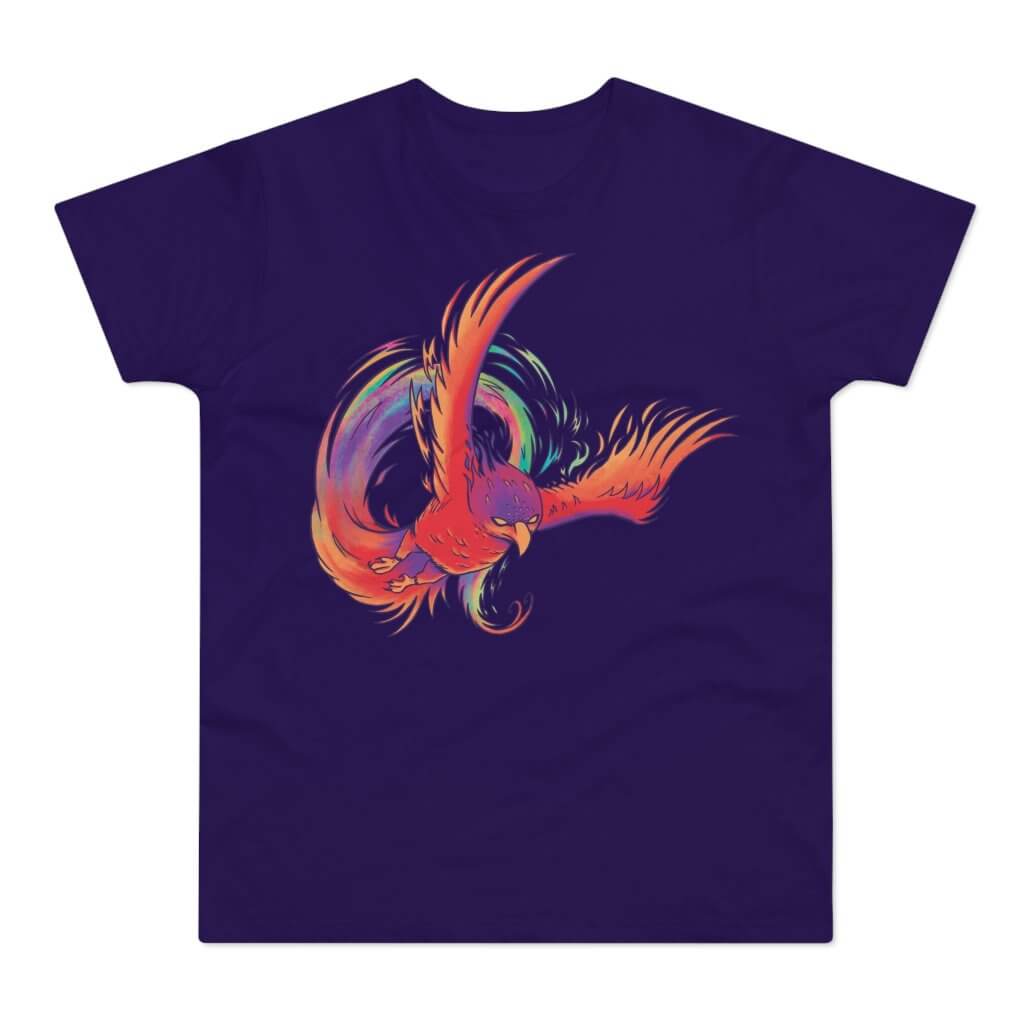 T-shirt med titlen: Dimensix, The Dimension-Jumping Phoenix | T-Shirt Med Tryk.