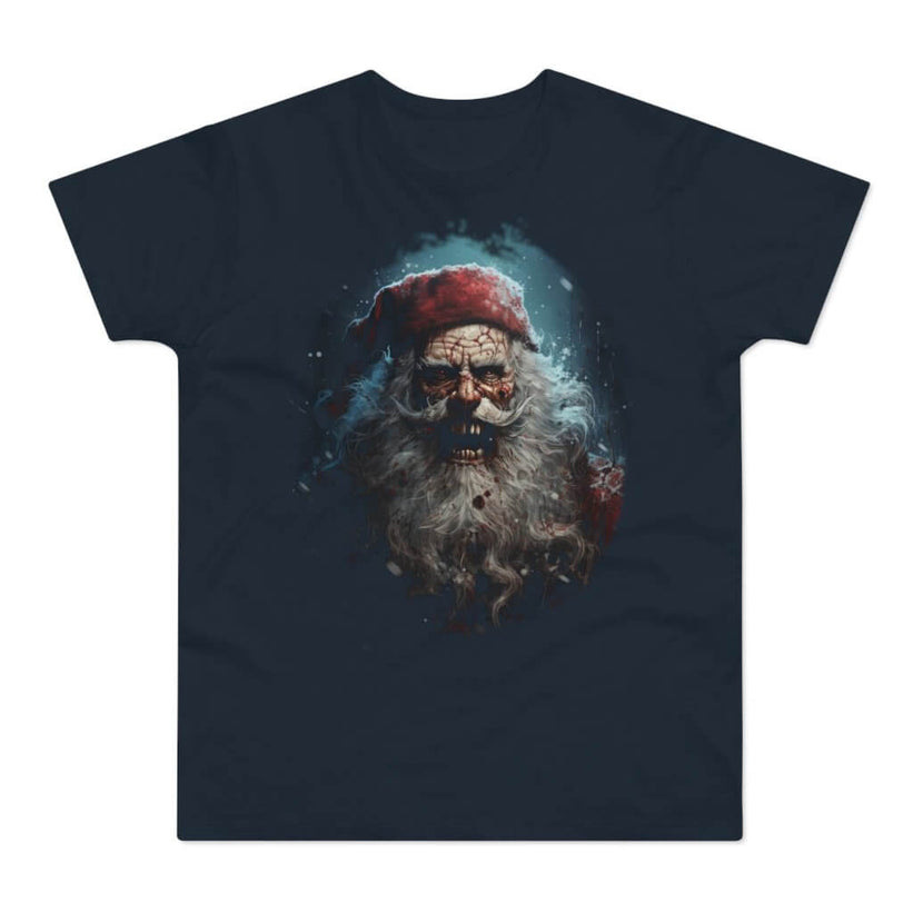Mørkeblå t-shirt med tryk med en skrækkelig julemand.