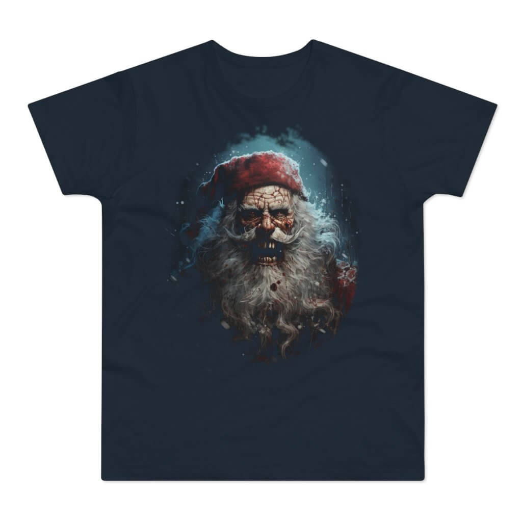 Mørkeblå t-shirt med tryk med en skrækkelig julemand.