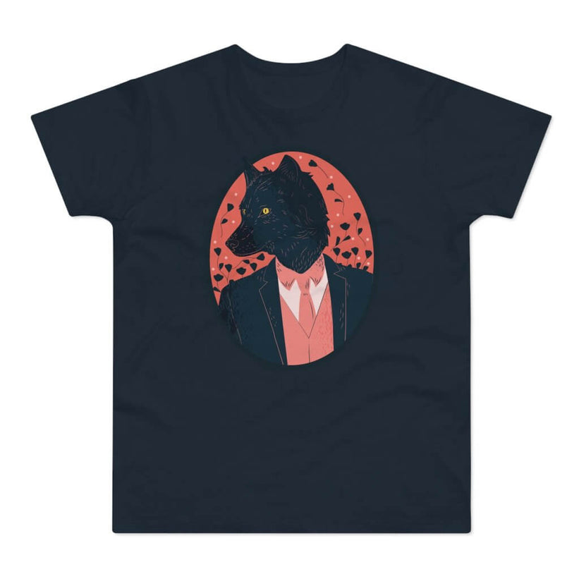 mørkblå t-shirt med tryk med en stilfuld ulv med jakkesæt.