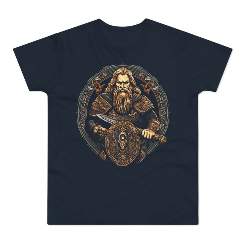 Mørkeblå t-shirt med tryk med en vikingekonge med sværd og skjold.
