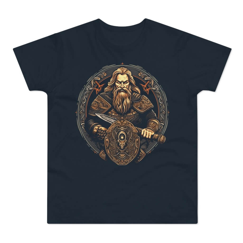 Mørkeblå t-shirt med tryk med en vikingekonge med sværd og skjold.