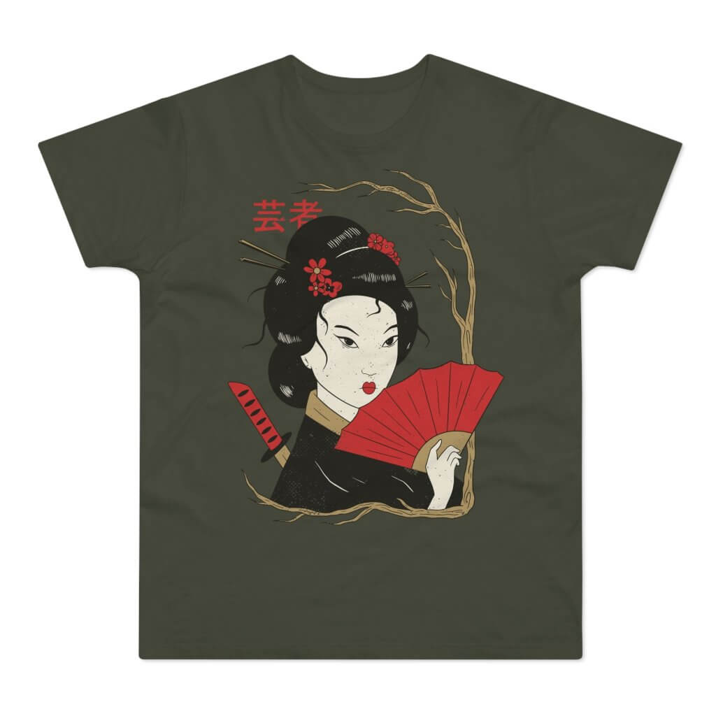 T-shirt med navnet: Akiko, Katana Wielding Geisha | T-Shirt Med Tryk.