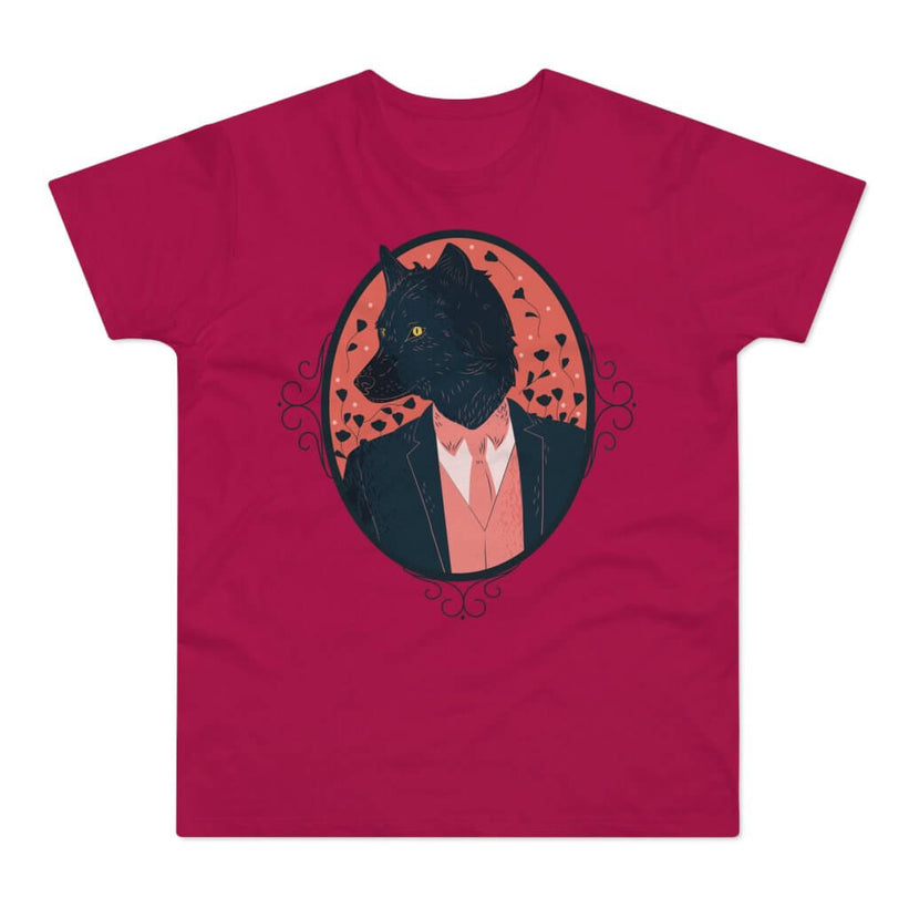 sorbetrød t-shirt med tryk med en stilfuld ulv med jakkesæt.