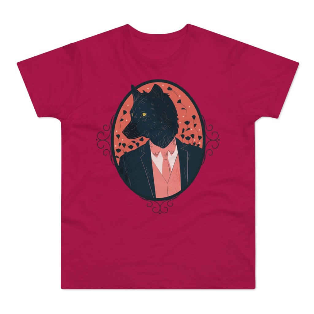 sorbetrød t-shirt med tryk med en stilfuld ulv med jakkesæt.