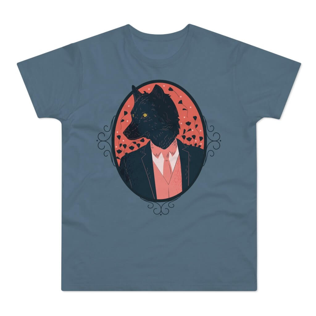 stenblå t-shirt med tryk med en stilfuld ulv med jakkesæt.