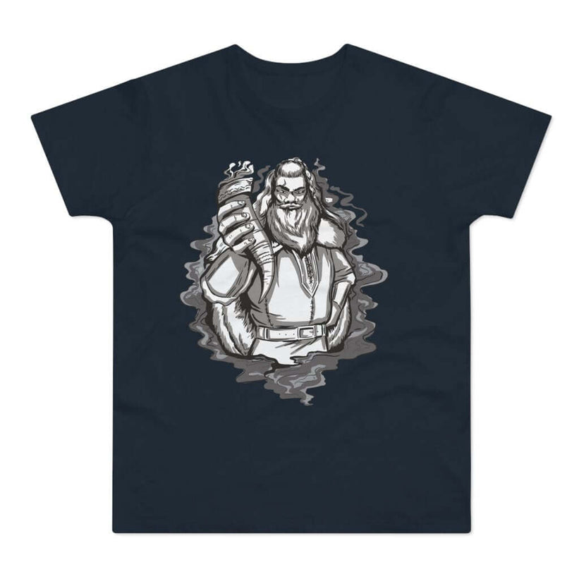 Mørkeblå t-shirt med tryk med en viking, der holder et drikkehorn.