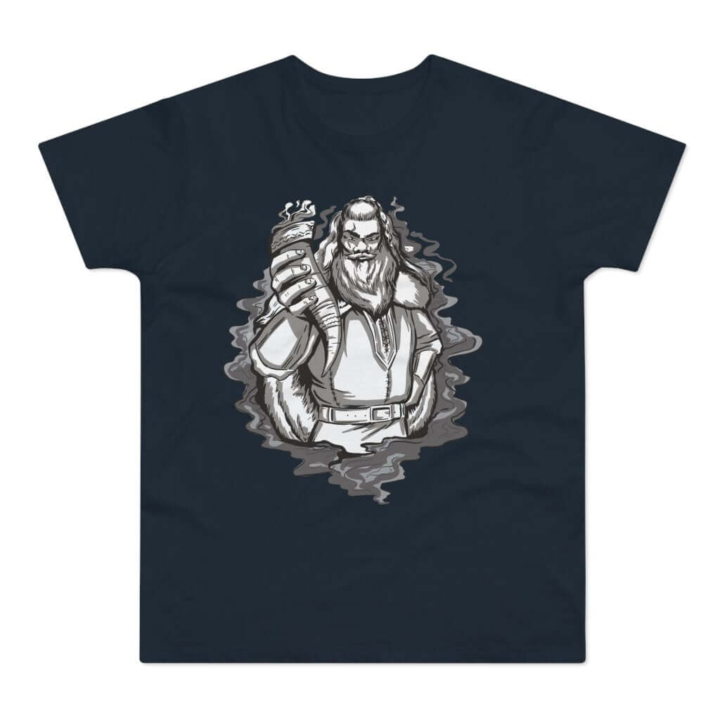 Mørkeblå t-shirt med tryk med en viking, der holder et drikkehorn.