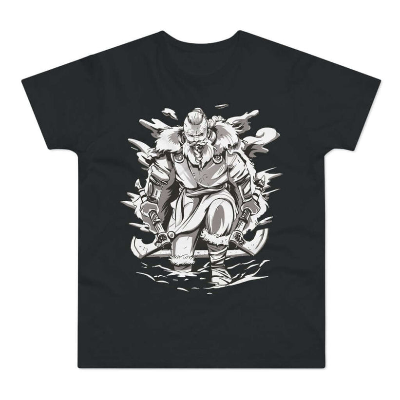 Sort t-shirt med tryk med en vikingekriger med to økser, der trasker gennem sneen.