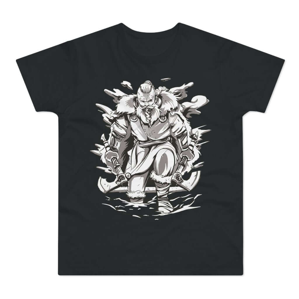 Sort t-shirt med tryk med en vikingekriger med to økser, der trasker gennem sneen.