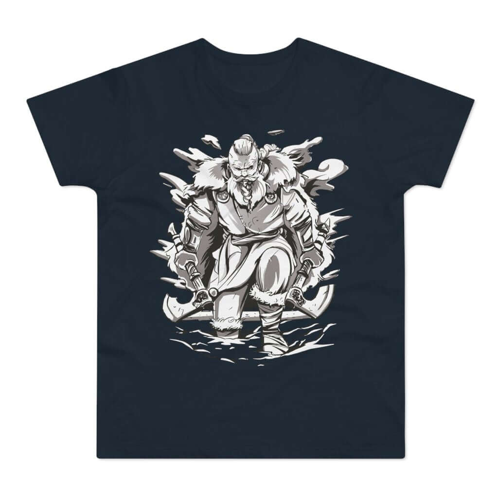 Mørkeblå t-shirt med tryk med en vikingekriger med to økser, der trasker gennem sneen.