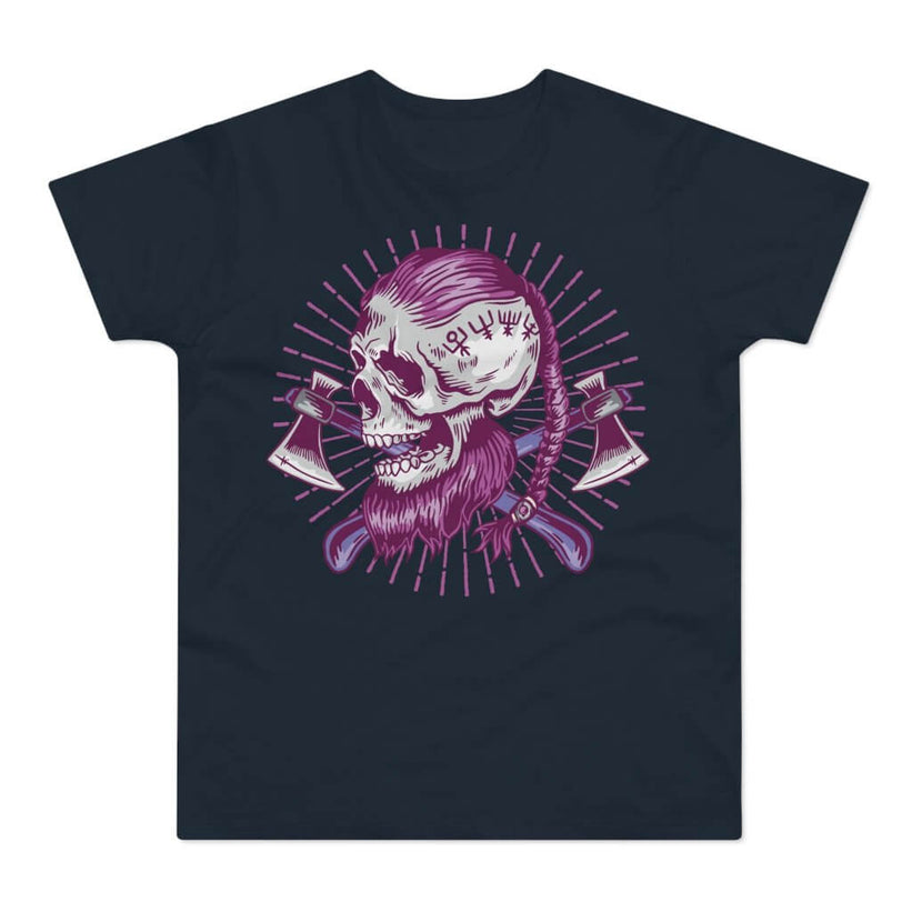 A viking skull with runes, beard and long hair with axes behind on a darkblue nerd shirt