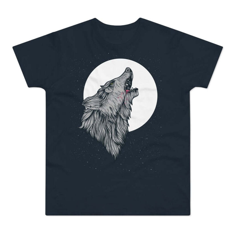 Mørkeblå t-shirt med tryk med en hylende ulv før månden.
