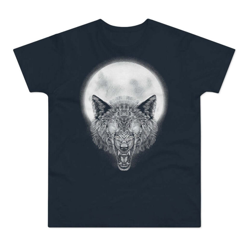 Mørkeblå t-shirt med tryk med en snerrende ulv med glødende øjne foran en fuldmåne.